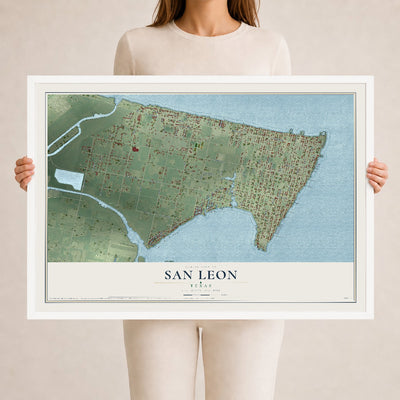 Map of San Leon, Texas, 24 x 36 inch print in a white wood frame