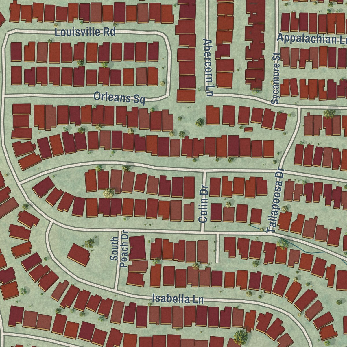 Close-up of the map of Savannah, Texas print showing street and building detail