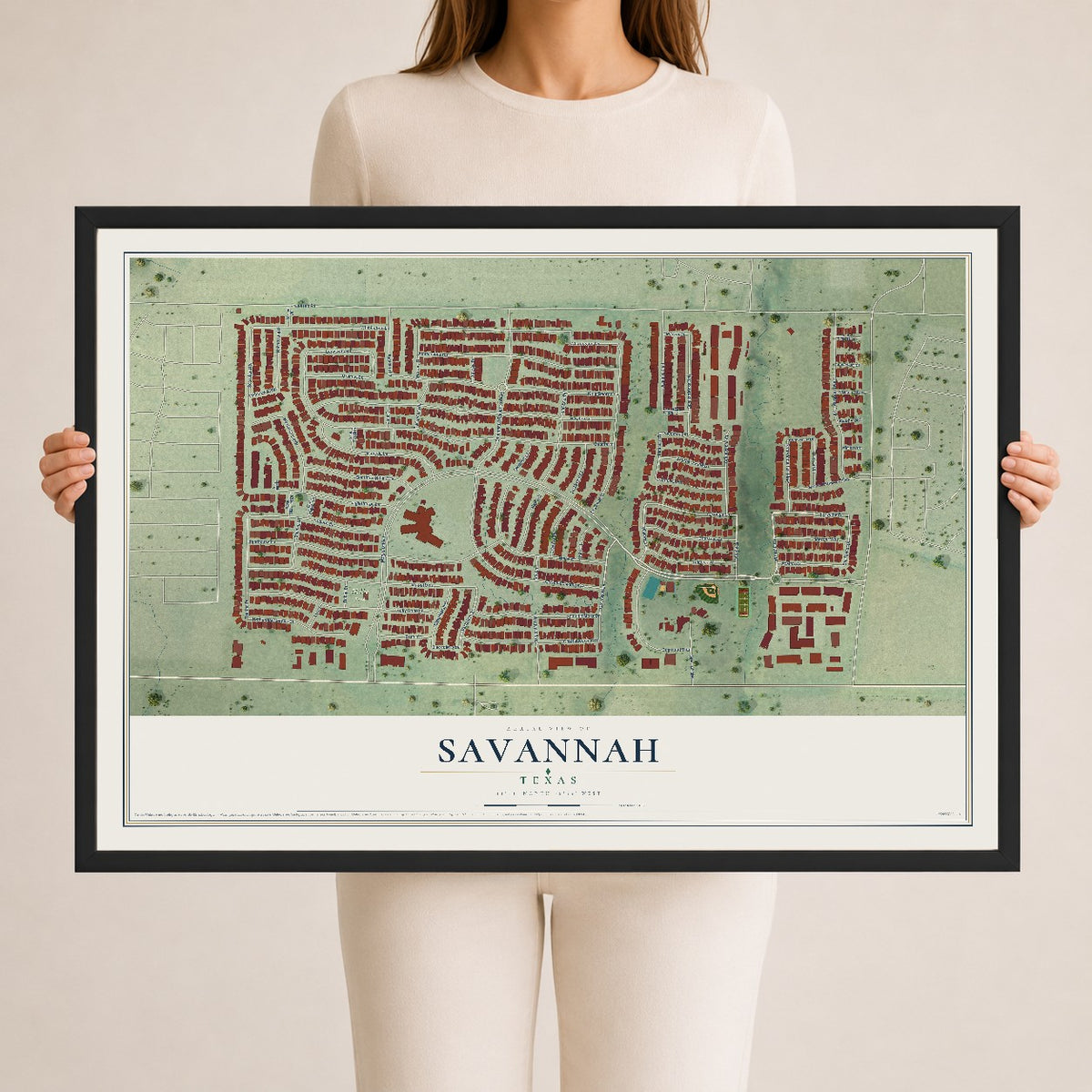 Map of Savannah, Texas, 24 x 36 inch print in a black wood frame