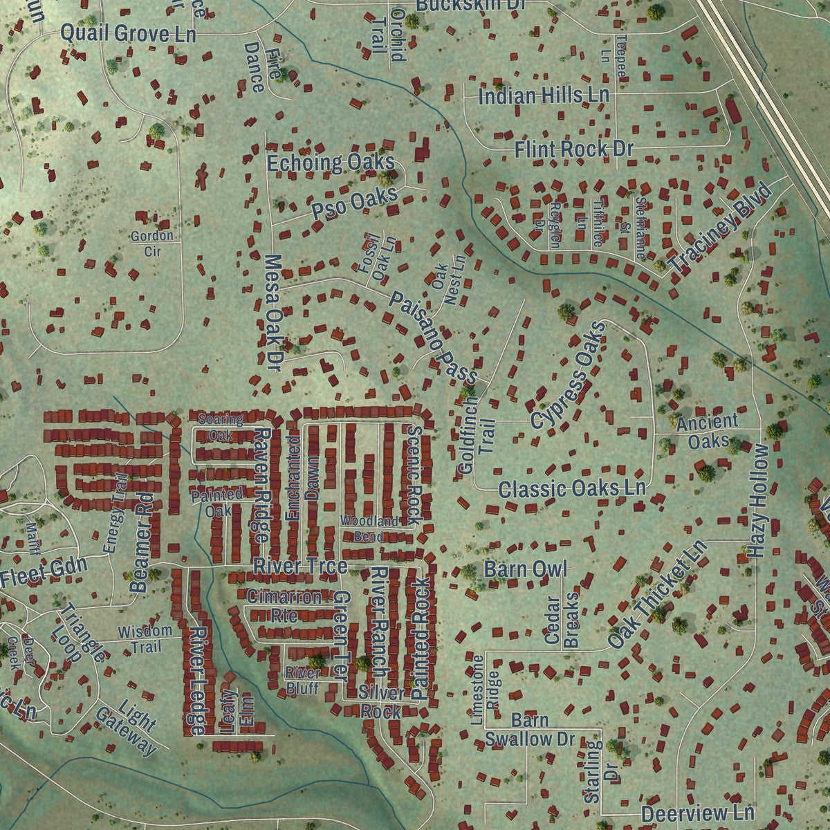 Close-up of the map of Scenic Oaks, Texas print showing street and building detail