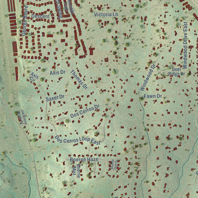 Second close-up of the map of Scenic Oaks, Texas print showing more streets and buildings