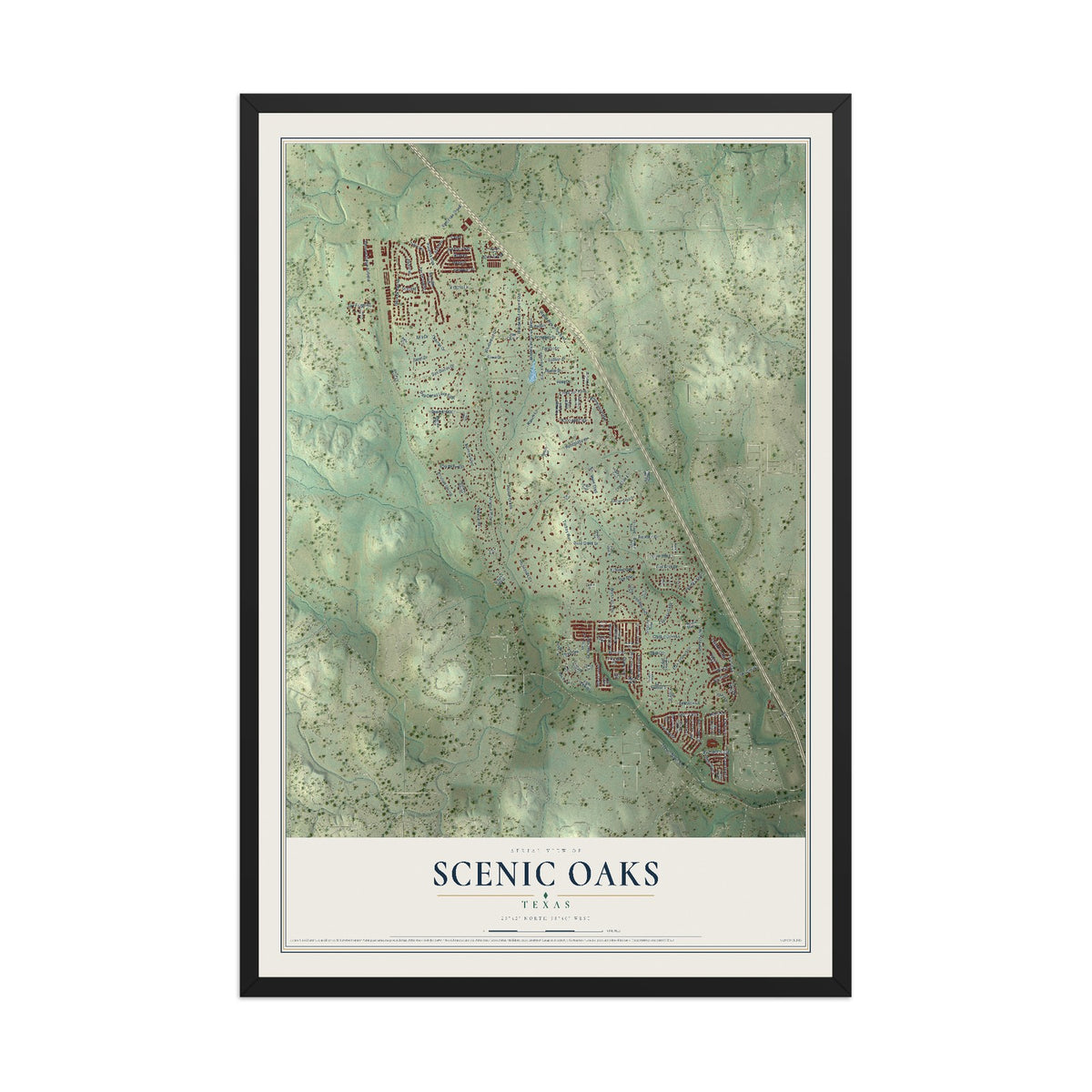 Map of Scenic Oaks, Texas, 12 x 18 inch print in a black wood frame