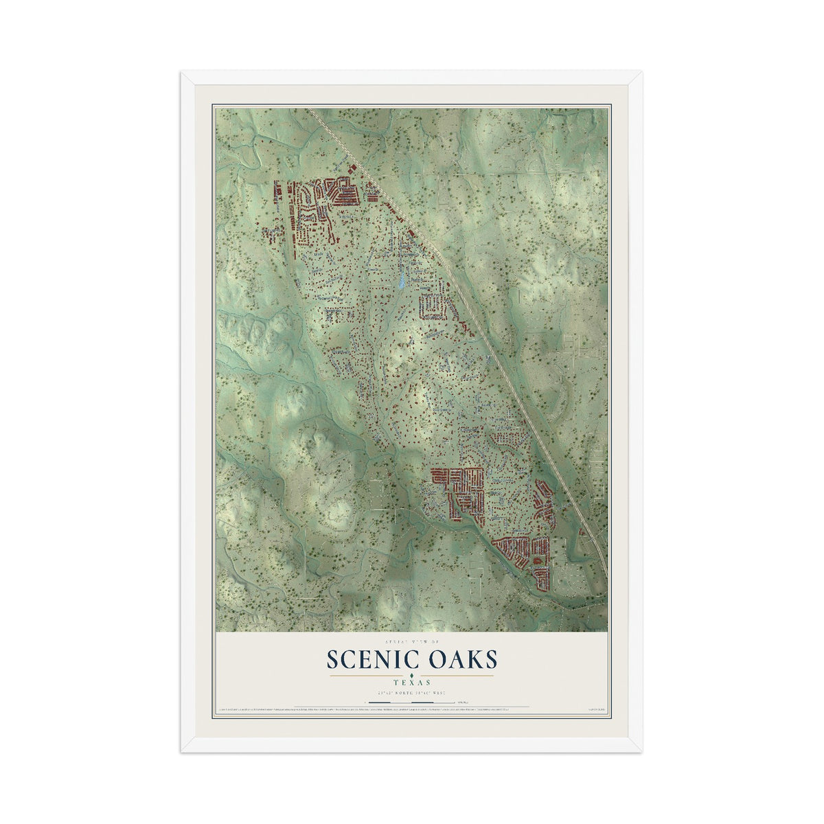 Map of Scenic Oaks, Texas, 12 x 18 inch print in a white wood frame