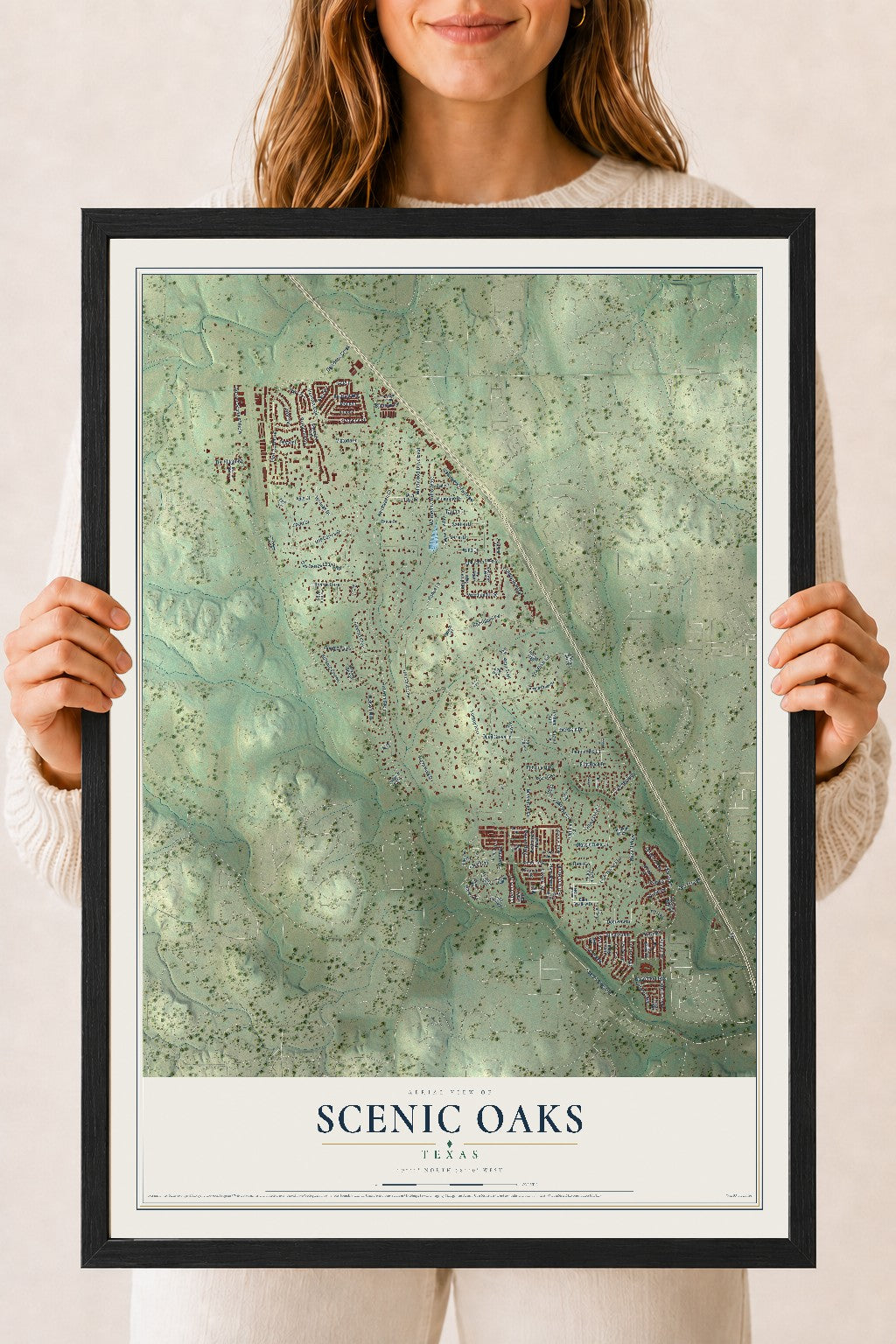 Map of Scenic Oaks, Texas, 18 x 24 inch print in a black wood frame