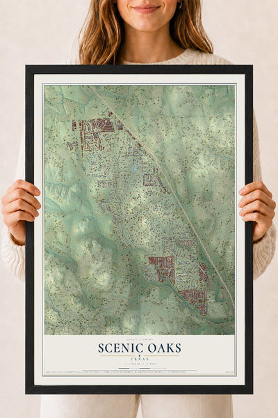 Map of Scenic Oaks, Texas, 18 x 24 inch print in a black wood frame