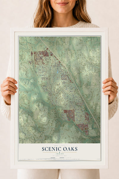 Map of Scenic Oaks, Texas, 18 x 24 inch print in a white wood frame