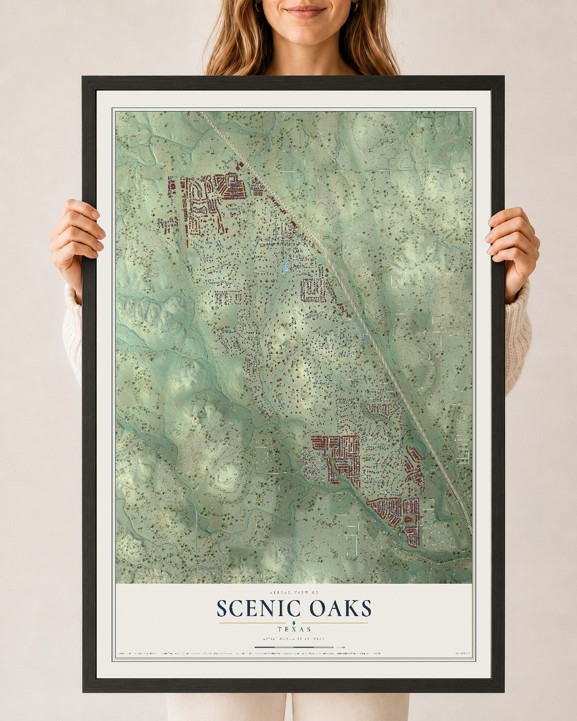 Map of Scenic Oaks, Texas, 24 x 36 inch print in a black wood frame
