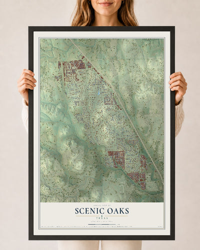 Map of Scenic Oaks, Texas, 24 x 36 inch print in a black wood frame