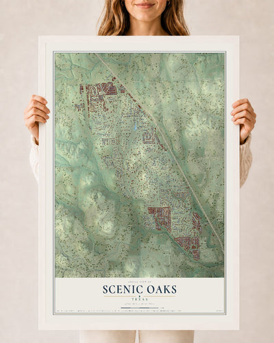 Map of Scenic Oaks, Texas, 24 x 36 inch print in a white wood frame