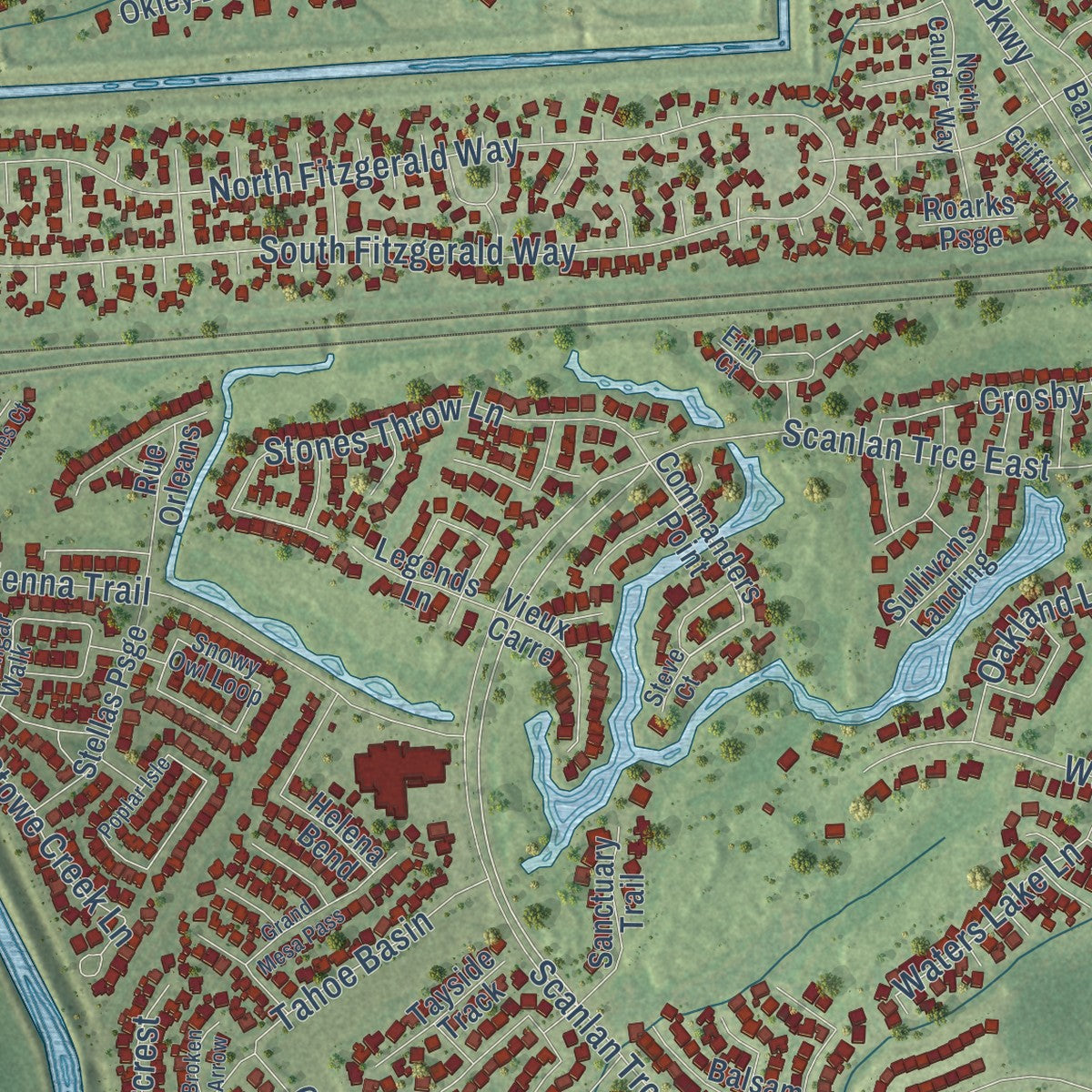 Close-up of the map of Sienna, Texas print showing street and building detail