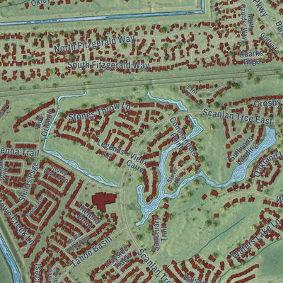 Close-up of the map of Sienna, Texas print showing street and building detail