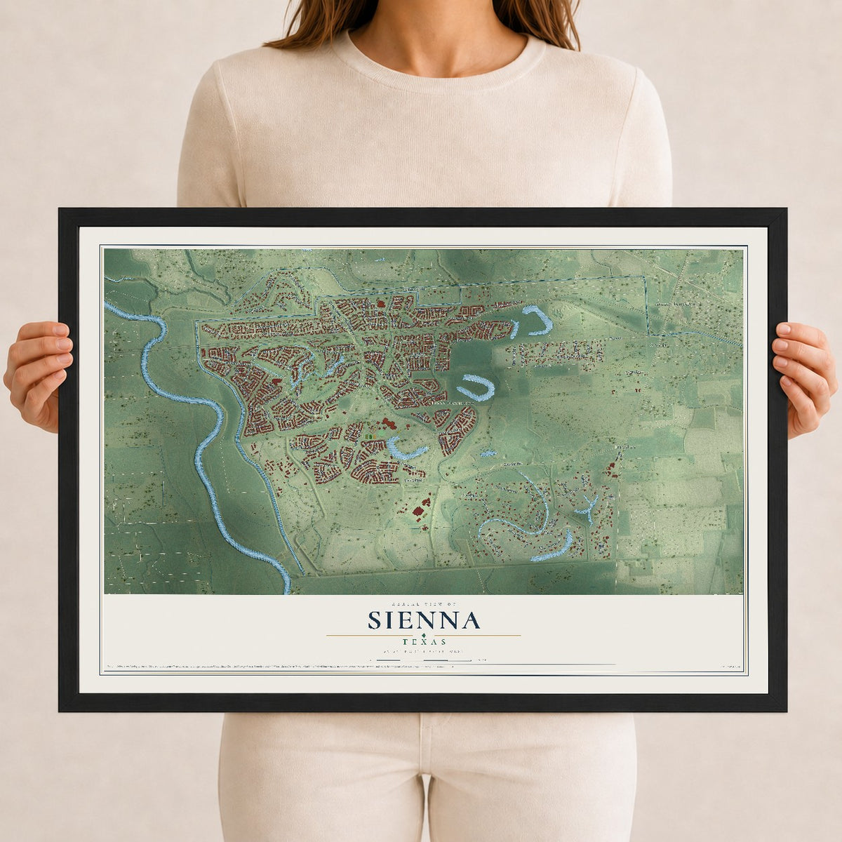 Map of Sienna, Texas, 12 x 18 inch print in a black wood frame