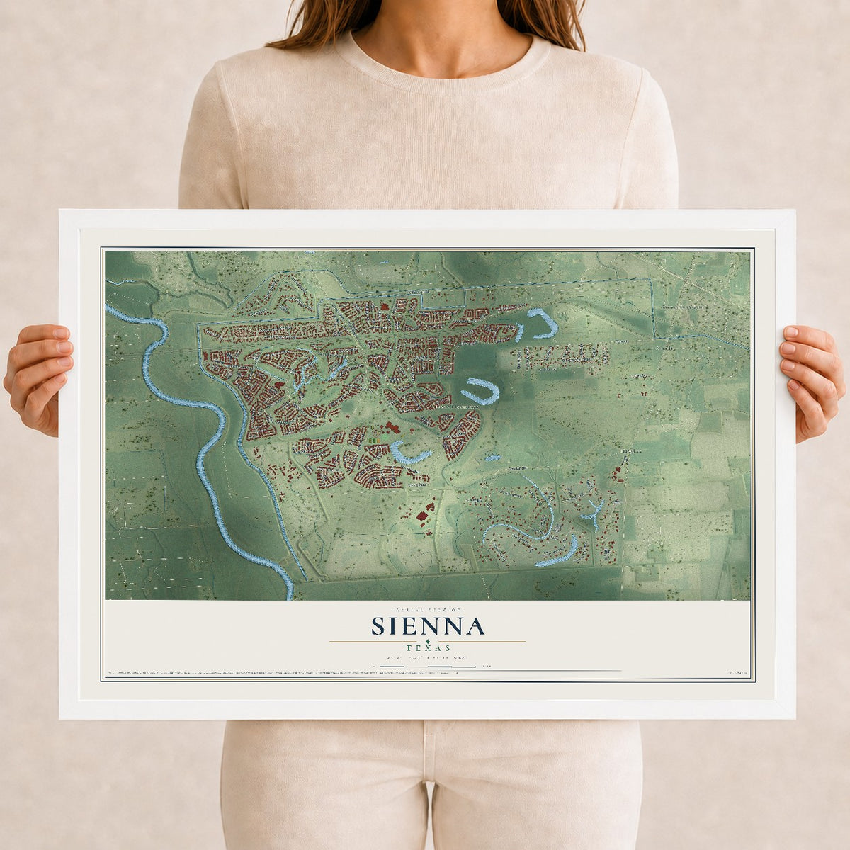 Map of Sienna, Texas, 12 x 18 inch print in a white wood frame