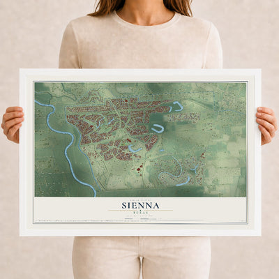 Map of Sienna, Texas, 12 x 18 inch print in a white wood frame