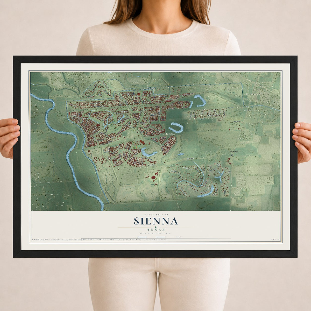 Map of Sienna, Texas, 18 x 24 inch print in a black wood frame