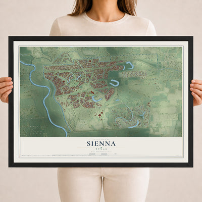 Map of Sienna, Texas, 18 x 24 inch print in a black wood frame