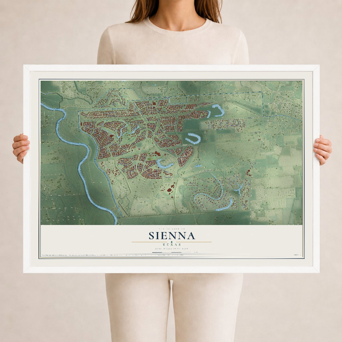 Map of Sienna, Texas, 24 x 36 inch print in a white wood frame