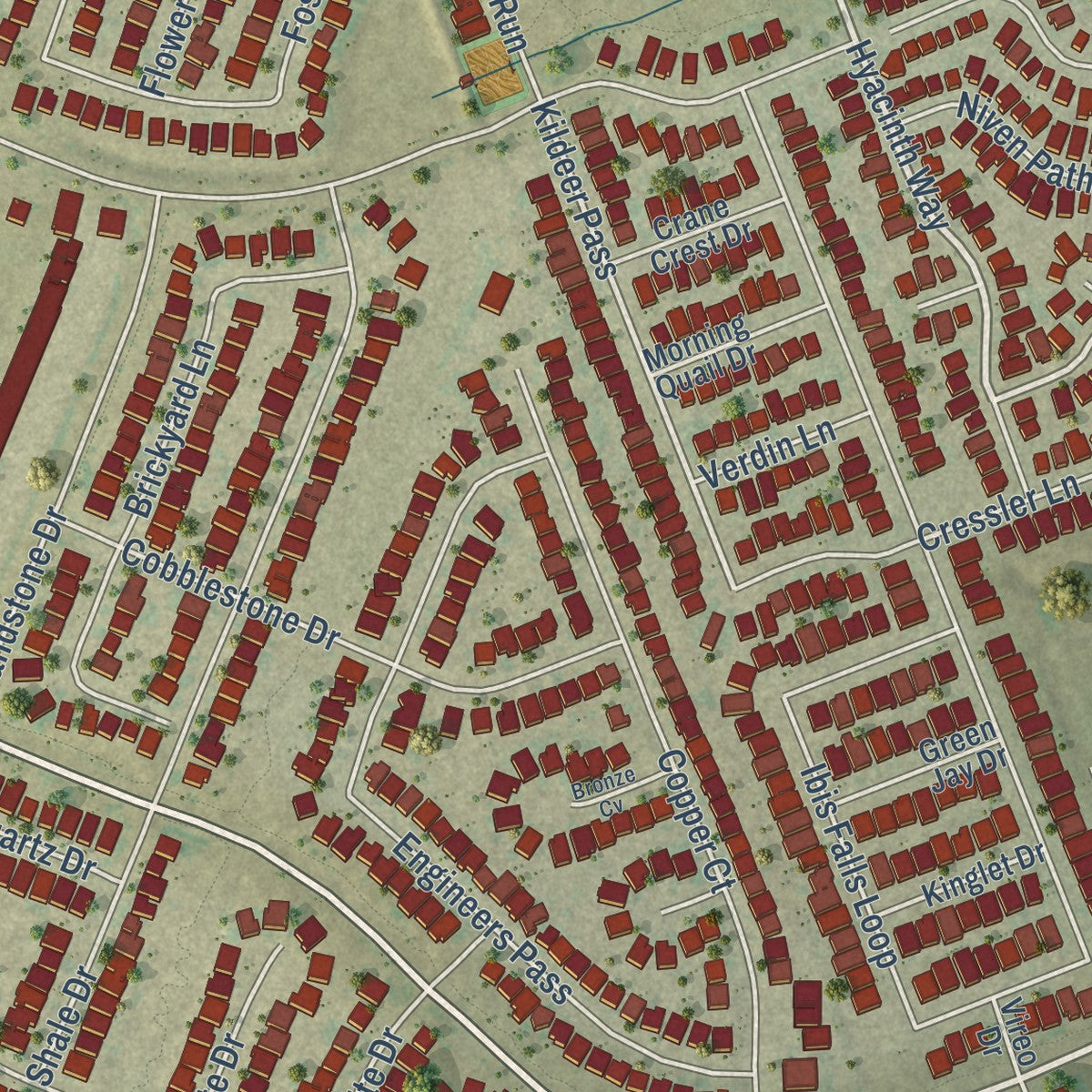 Close-up of the map of Sonterra, Texas print showing street and building detail