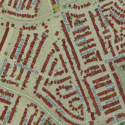 Close-up of the map of Sonterra, Texas print showing street and building detail