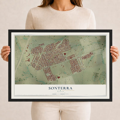 Map of Sonterra, Texas, 12 x 18 inch print in a black wood frame