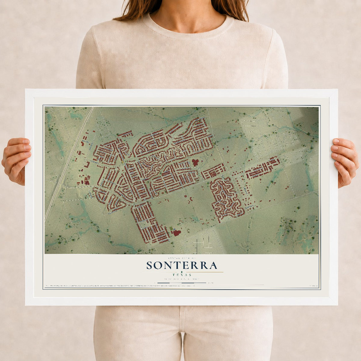 Map of Sonterra, Texas, 12 x 18 inch print in a white wood frame