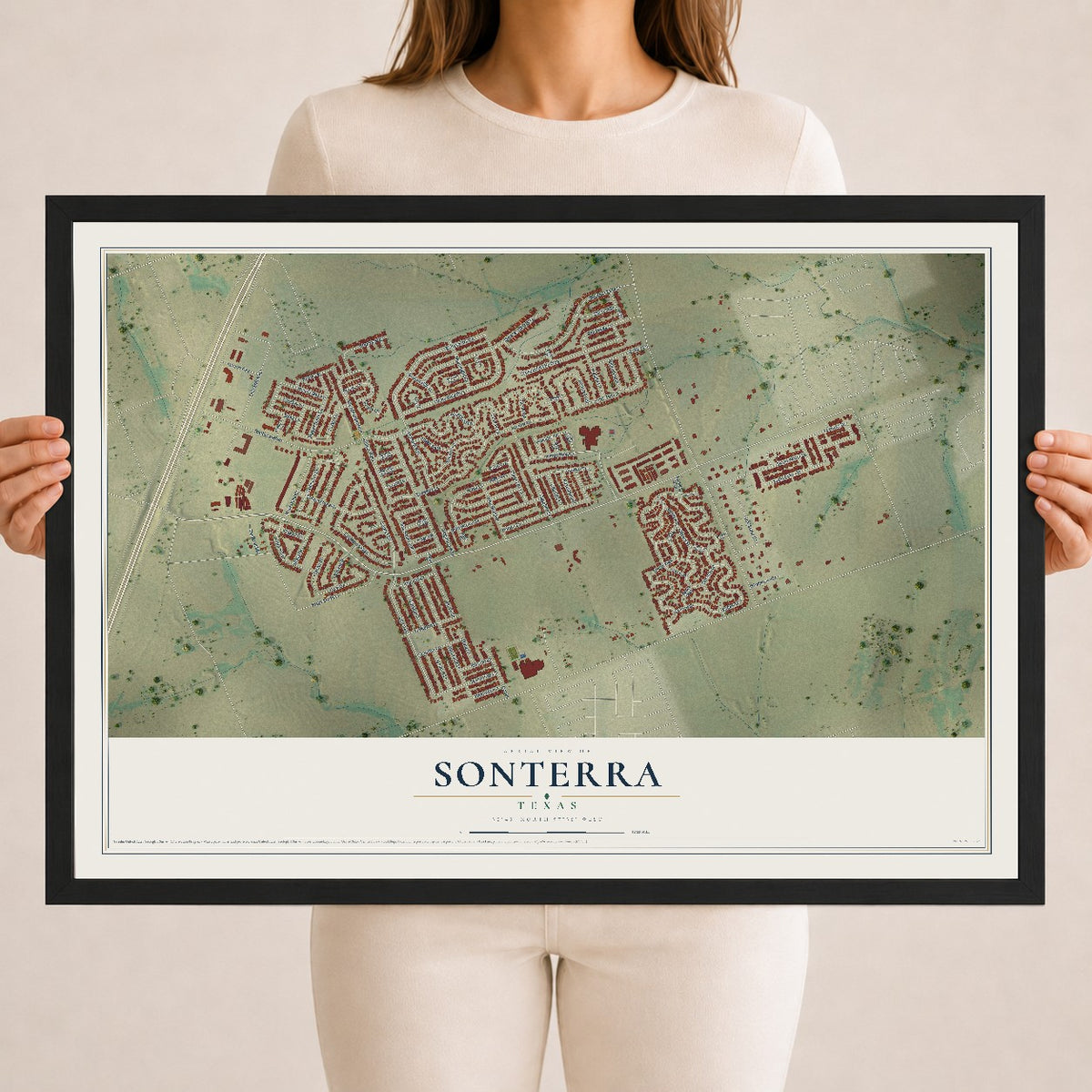 Map of Sonterra, Texas, 18 x 24 inch print in a black wood frame