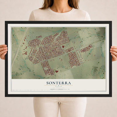 Map of Sonterra, Texas, 18 x 24 inch print in a black wood frame