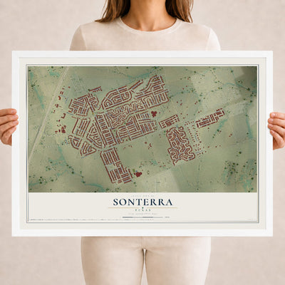 Map of Sonterra, Texas, 18 x 24 inch print in a white wood frame