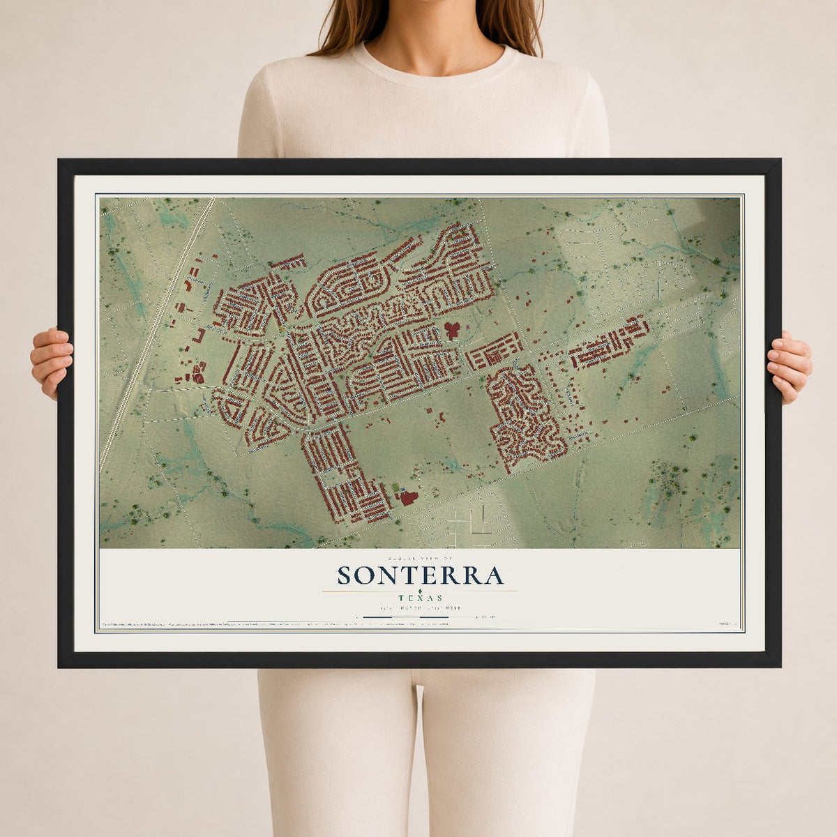 Map of Sonterra, Texas, 24 x 36 inch print in a black wood frame