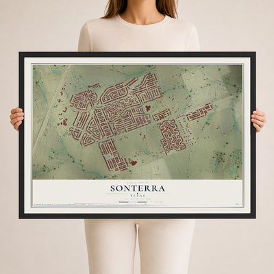 Map of Sonterra, Texas, 24 x 36 inch print in a black wood frame