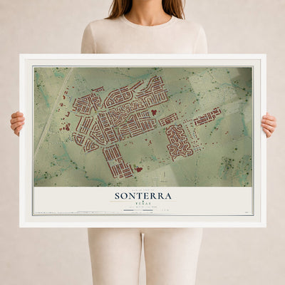 Map of Sonterra, Texas, 24 x 36 inch print in a white wood frame