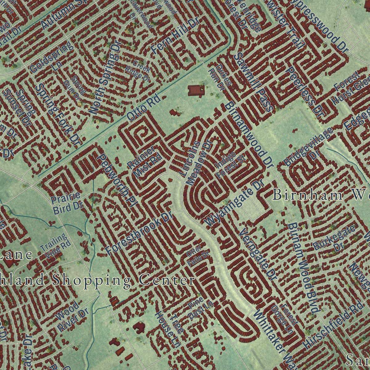 Close-up of the map of Spring, Texas print showing street and building detail