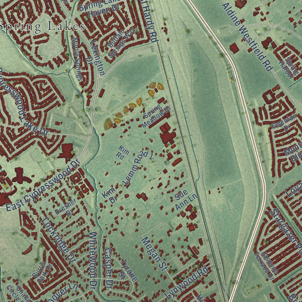 Second close-up of the map of Spring, Texas print showing more streets and buildings