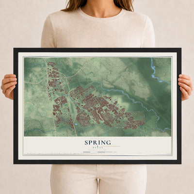 Map of Spring, Texas, 12 x 18 inch print in a black wood frame