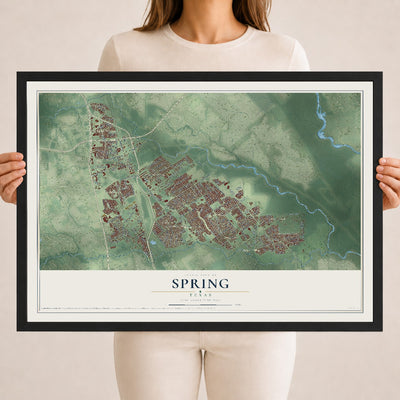 Map of Spring, Texas, 18 x 24 inch print in a black wood frame