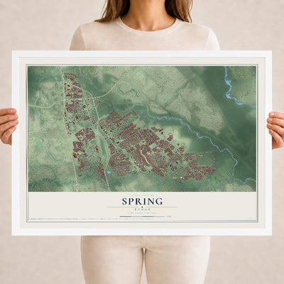 Map of Spring, Texas, 18 x 24 inch print in a white wood frame