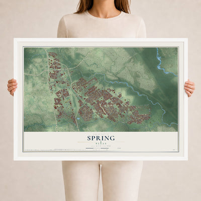 Map of Spring, Texas, 24 x 36 inch print in a white wood frame