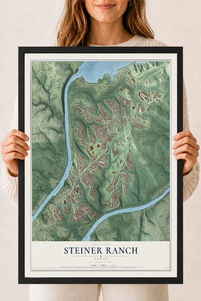 Map of Steiner Ranch, Texas, 18 x 24 inch print in a black wood frame