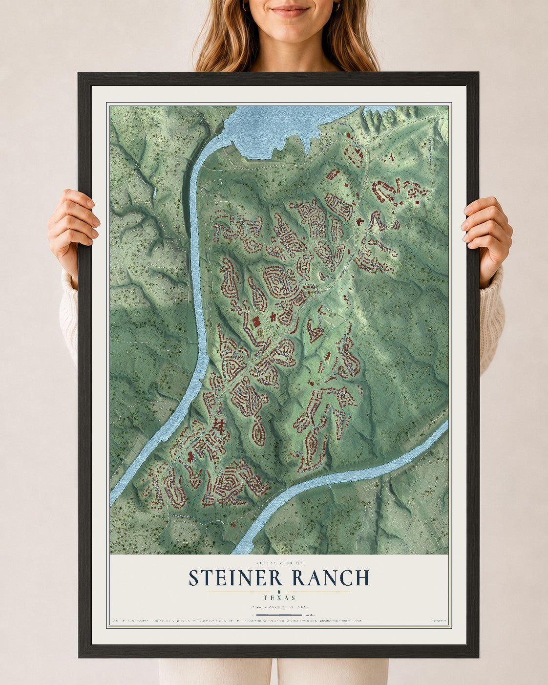 Map of Steiner Ranch, Texas, 24 x 36 inch print in a black wood frame