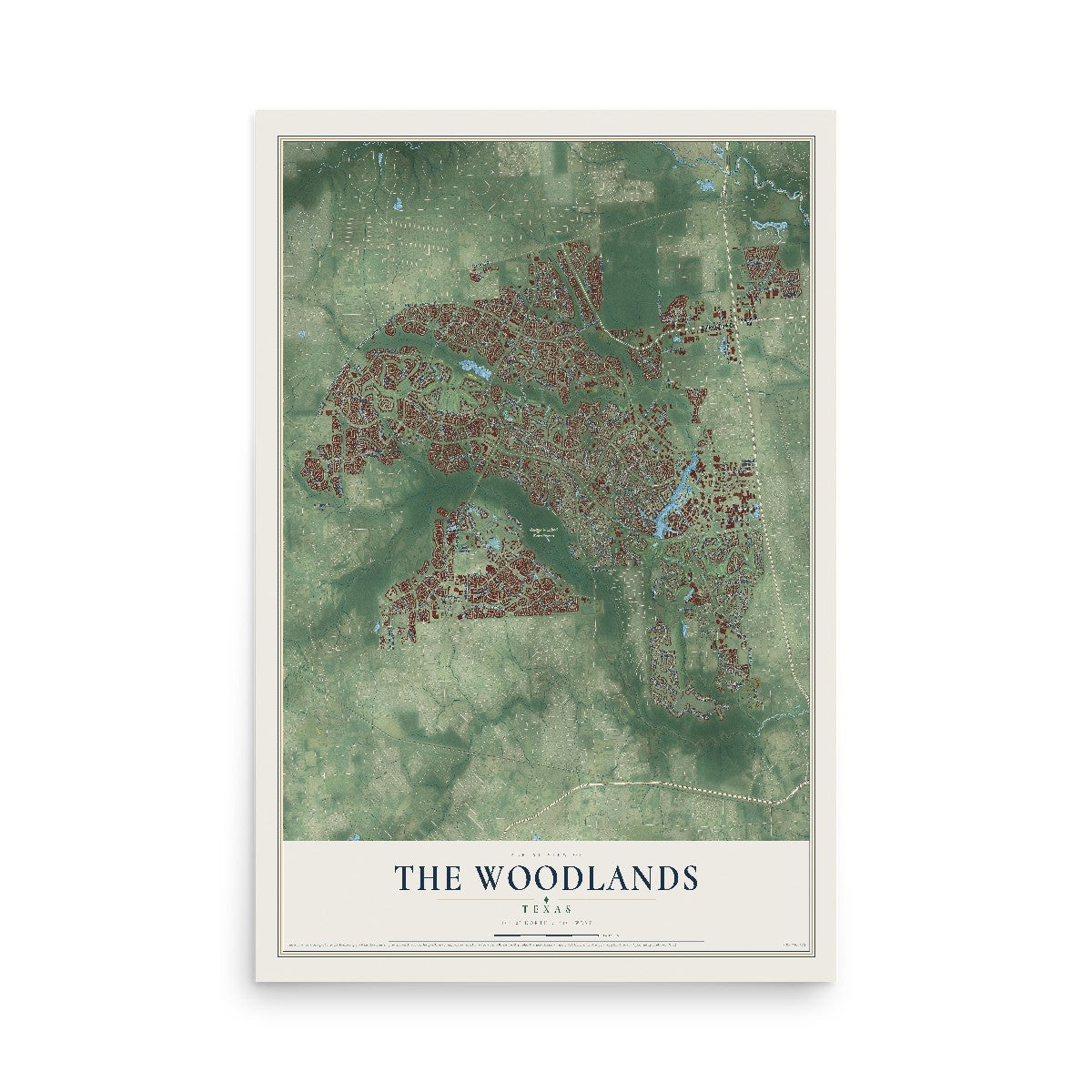 Map of The Woodlands, Texas, 12 x 18 inch unframed archival matte print