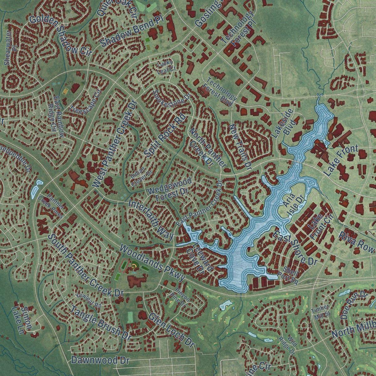 Close-up of the map of The Woodlands, Texas print showing street and building detail