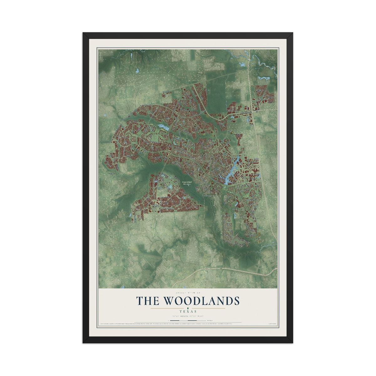 Map of The Woodlands, Texas, 12 x 18 inch print in a black wood frame