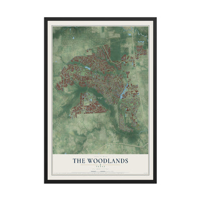 Map of The Woodlands, Texas, 12 x 18 inch print in a black wood frame