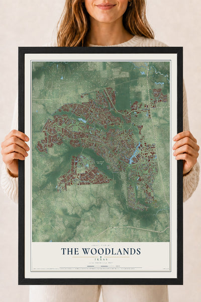 Map of The Woodlands, Texas, 18 x 24 inch print in a black wood frame