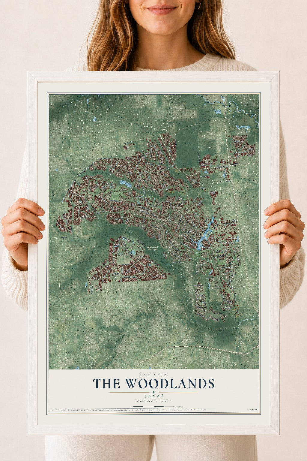 Map of The Woodlands, Texas, 18 x 24 inch print in a white wood frame
