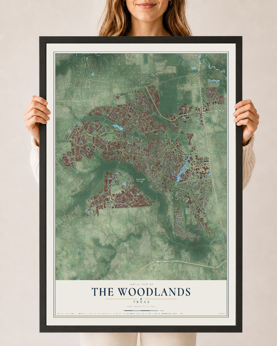 Map of The Woodlands, Texas, 24 x 36 inch print in a black wood frame
