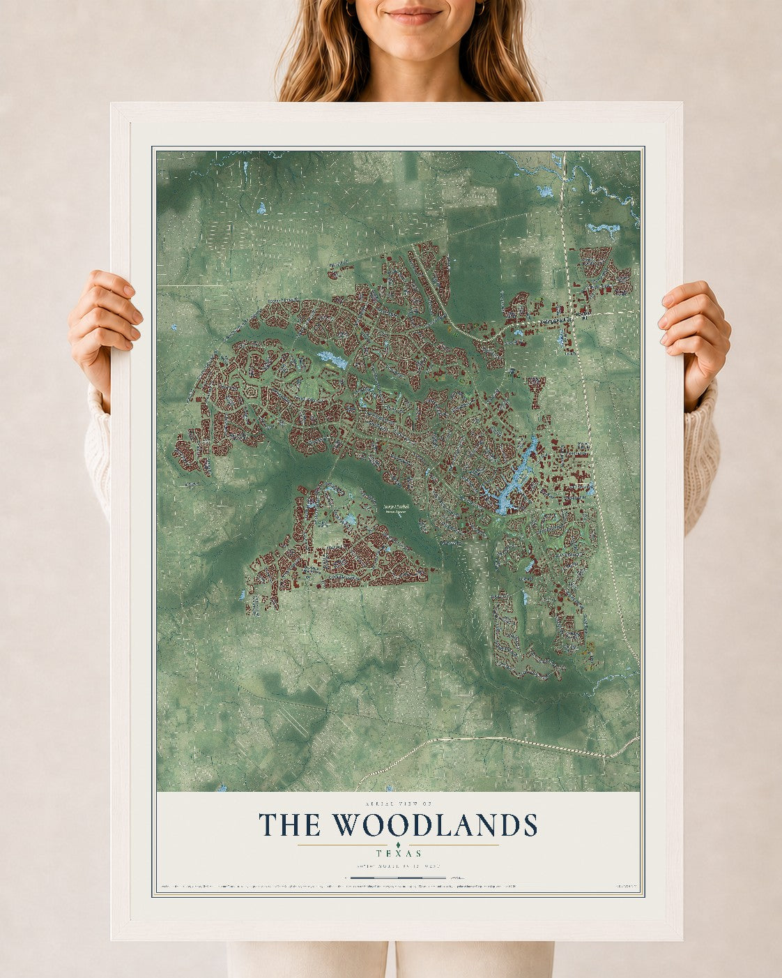 Map of The Woodlands, Texas, 24 x 36 inch print in a white wood frame