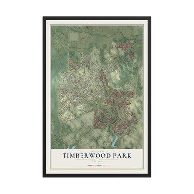 Map of Timberwood Park, Texas, 12 x 18 inch print in a black wood frame
