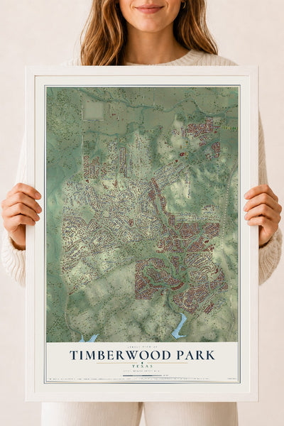 Map of Timberwood Park, Texas, 18 x 24 inch print in a white wood frame