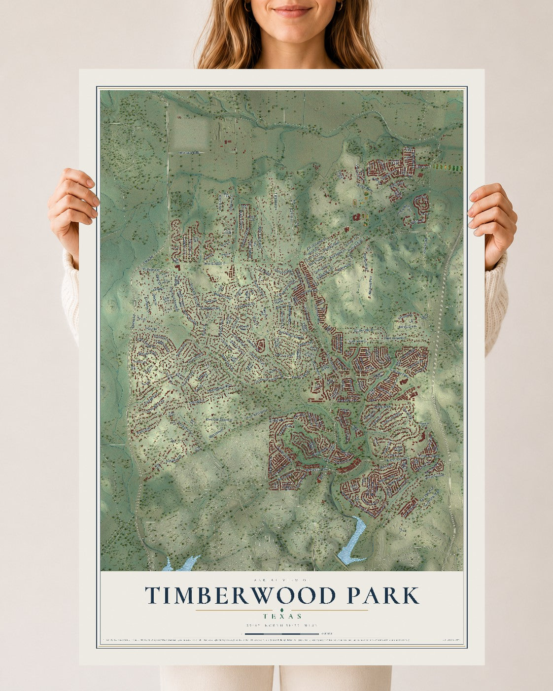 Map of Timberwood Park, Texas, 24 x 36 inch unframed archival matte print